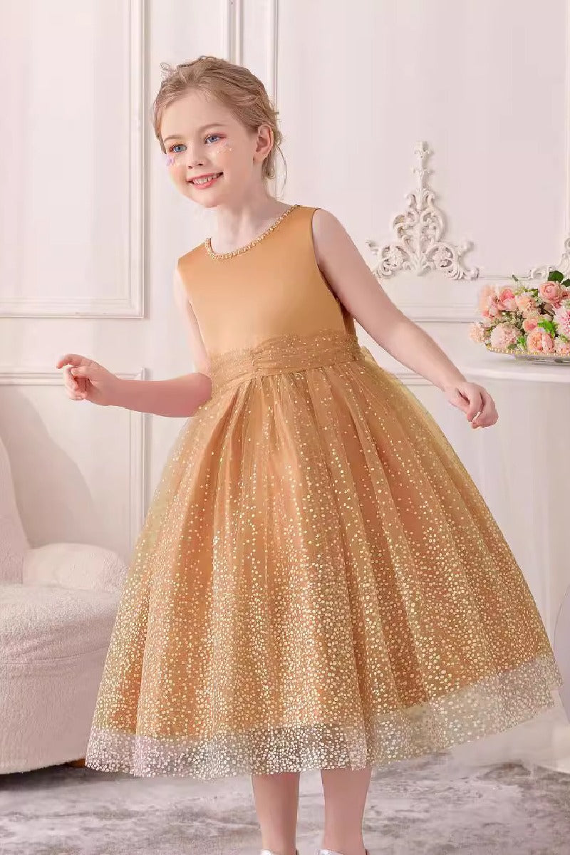 A-Line Scoop Neck Sleeveless Midi Tulle/Sequined Flower Girl Dresses 828722259586