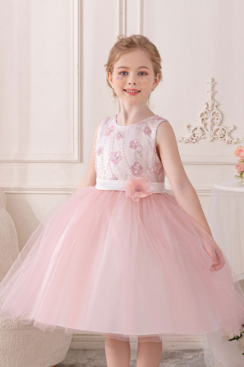 A-line/Princess Scoop Neck Knee-Length Lace Tulle Flower Girl Dress With Bowknot Sashes 854386467203