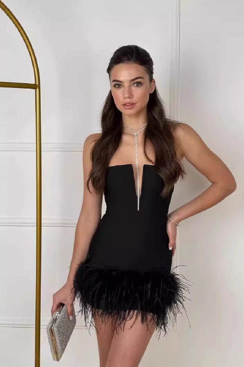 Strapless style socialite party ostrich fur bandage cocktail dress 841018847657