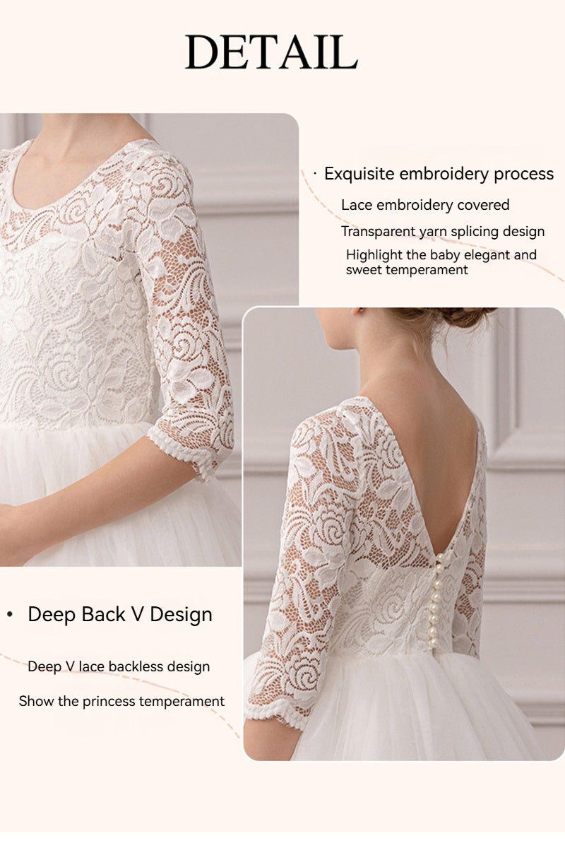 Ball-Gown Illusion Neck 3/4 Length Sleeve Lace/Tulle Flower Girl Dresses With Lace 855880153423