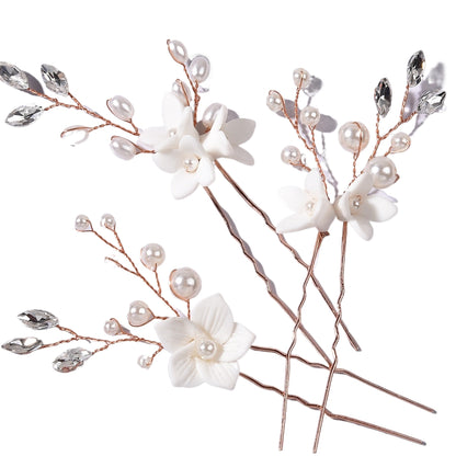 Bride wedding headwear White flower U-shaped Hairpins set of 3 684387483787