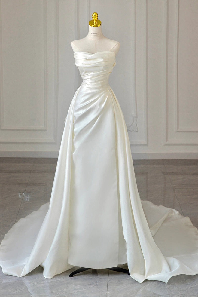 A-Line Court Train Satin Wedding Dress 768070969187