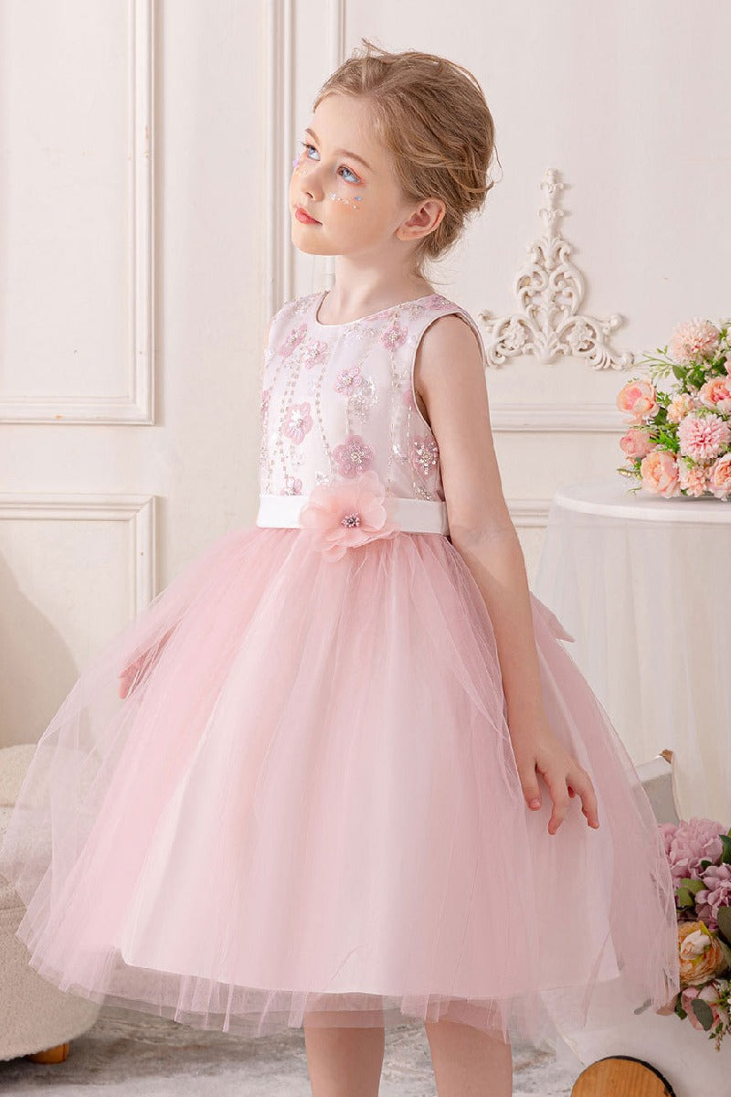 A-line/Princess Scoop Neck Knee-Length Lace Tulle Flower Girl Dress With Bowknot Sashes 854386467203