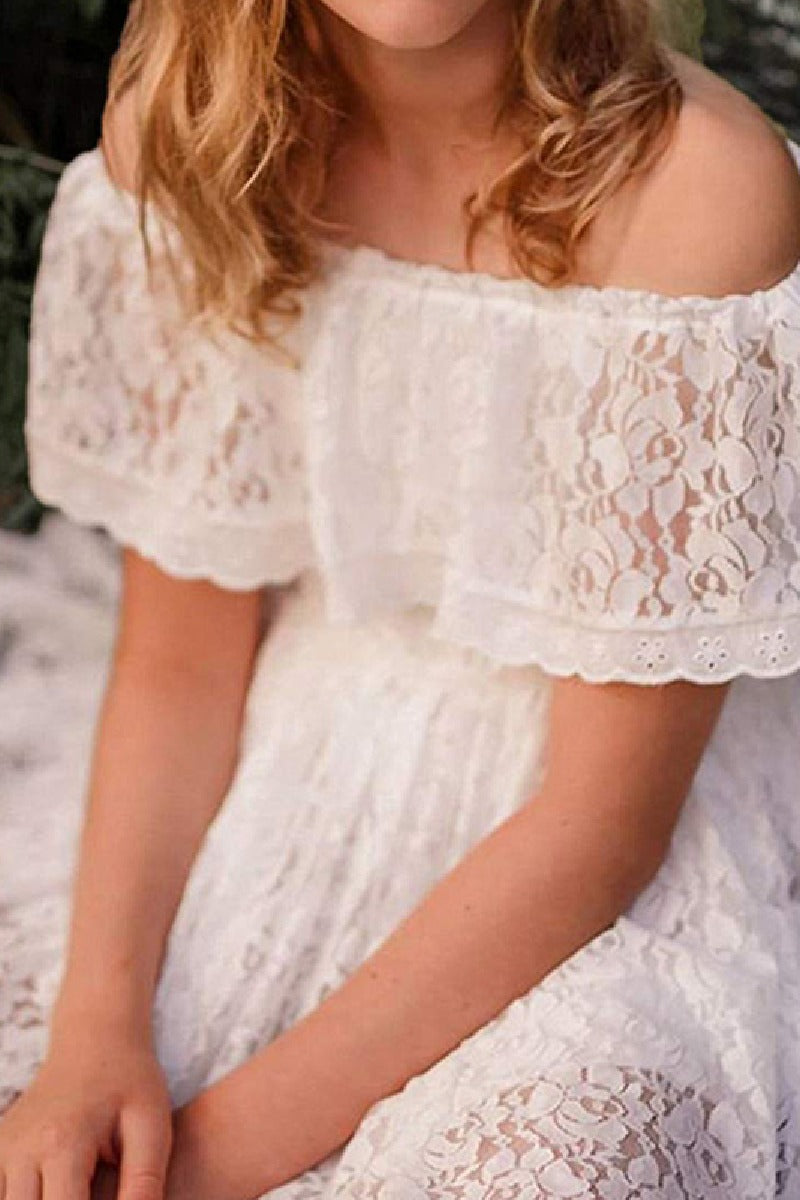 A-Line Off The Shoulder Neck Cold Shoulder Sleeves Lace High-Low Flower Girl Dresses 725677421000