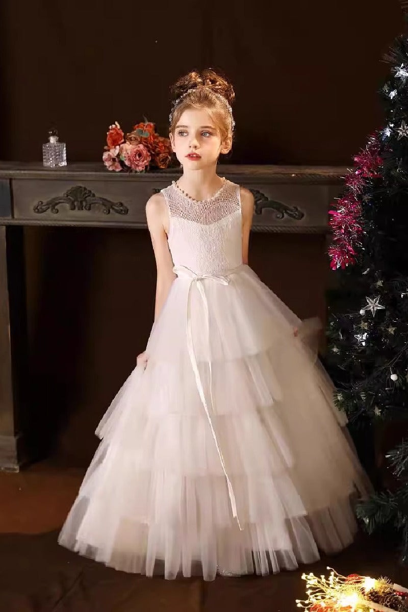 A-Line Scoop Neck Lace/Tulle Flower Girl Dresses With Cascading Ruffles 809160851086