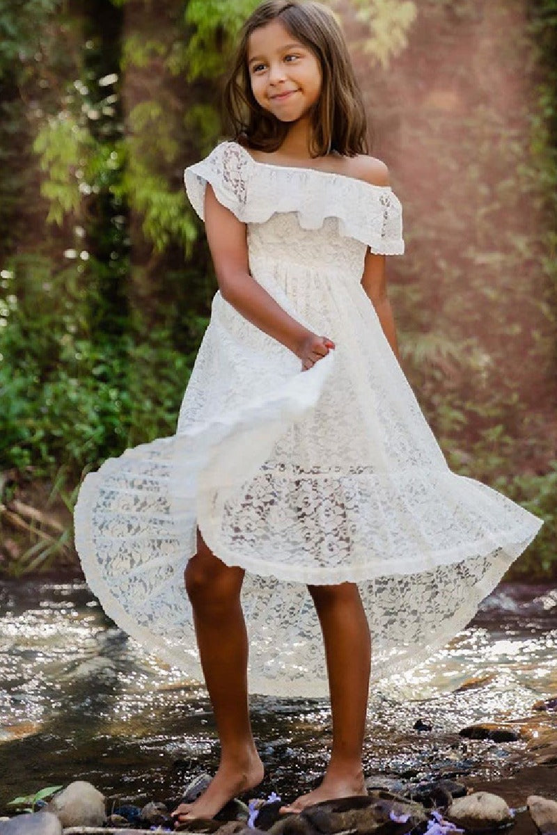 A-Line Off The Shoulder Neck Cold Shoulder Sleeves Lace High-Low Flower Girl Dresses 725677421000