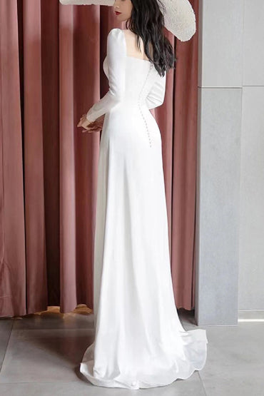 Sheath-Column Sweep-Brush Train Satin Wedding Dress 693111381183