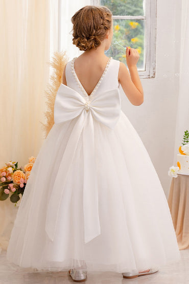 A-Line Scoop Neck Satin/Tulle Flower Girl Dresses With Bow(s)/Beading 752041855392