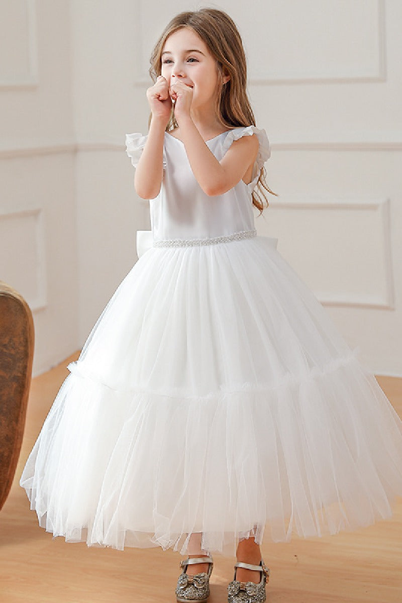 Ball-Gown Scoop Neck Satin/Tulle Flower Girl Dresses With Bow(s)/Beading 784695000859