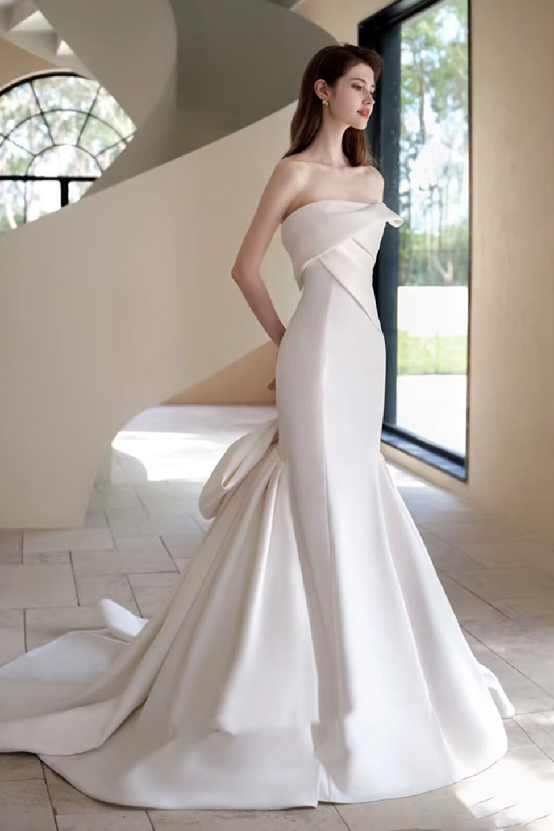 Trumpet-Mermaid Sweep-Brush Train Satin Wedding Dress 855056831342