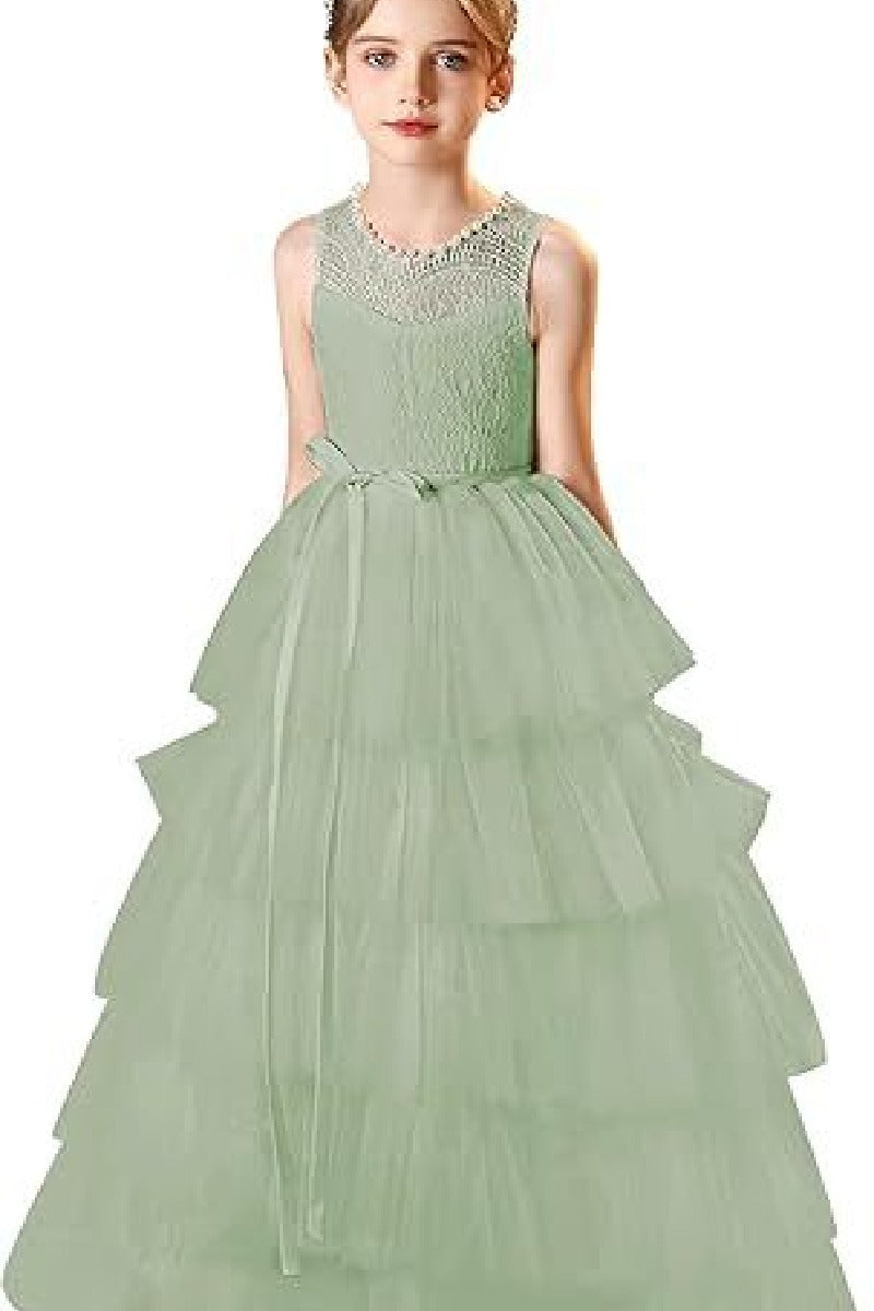 A-Line Scoop Neck Lace/Tulle Flower Girl Dresses With Cascading Ruffles 809160851086