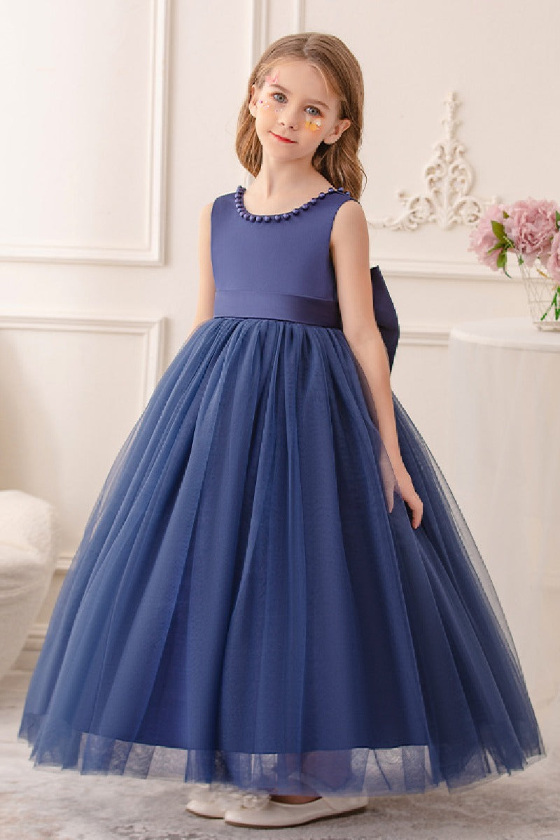 A-Line Scoop Neck Satin/Tulle Flower Girl Dresses With Bow(s)/Beading 752041855392