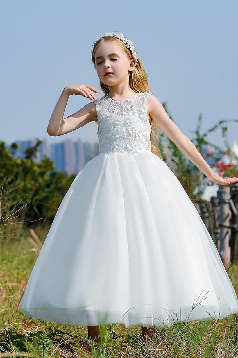 A-Line/Princess Illusion Neck Knee-Length Lace Tulle Flower Girl Dress 744728958346