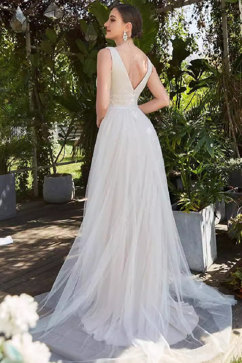 A-Line  Sweep-Brush Train Tulle Wedding Dress 837230348553