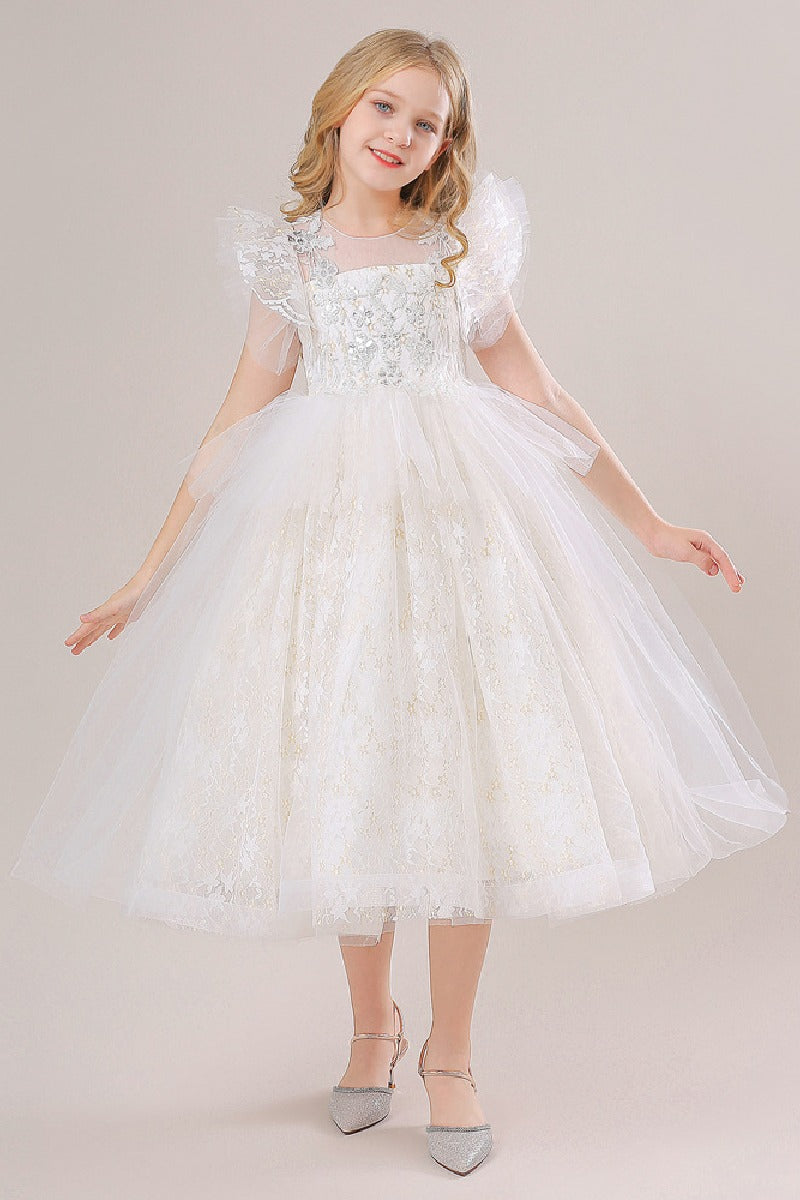 A-Line Illusion Neck Short Sleeves Midi Lace Flower Girl Dresses 749518906079