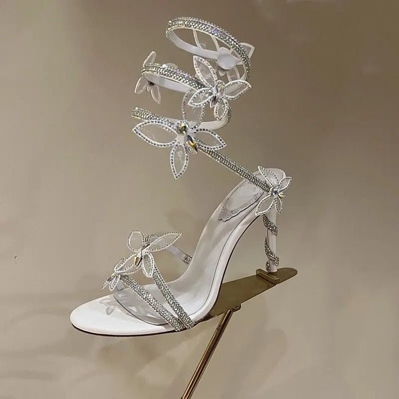 Twist three-dimensional butterfly high-heeled one-line sandals with fine heeled dress shoes  773927533050