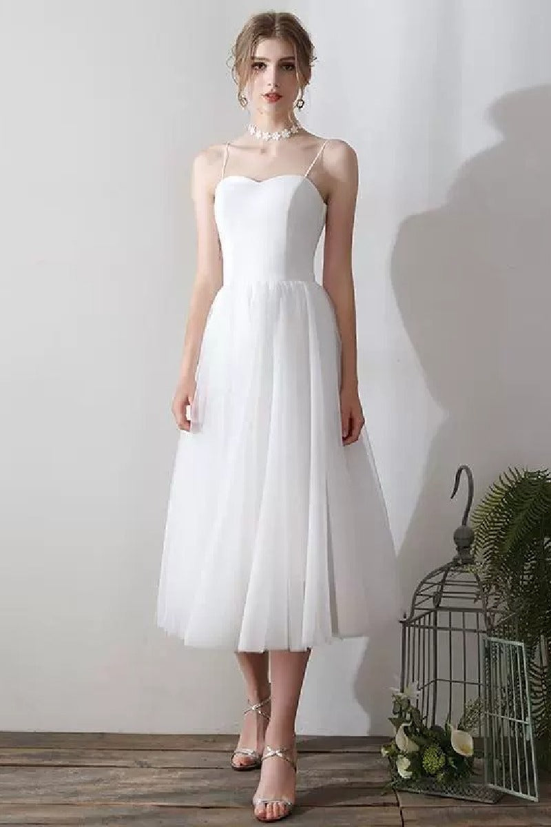 A-Line Tea Length Lace Tulle Wedding Dress 862471719437