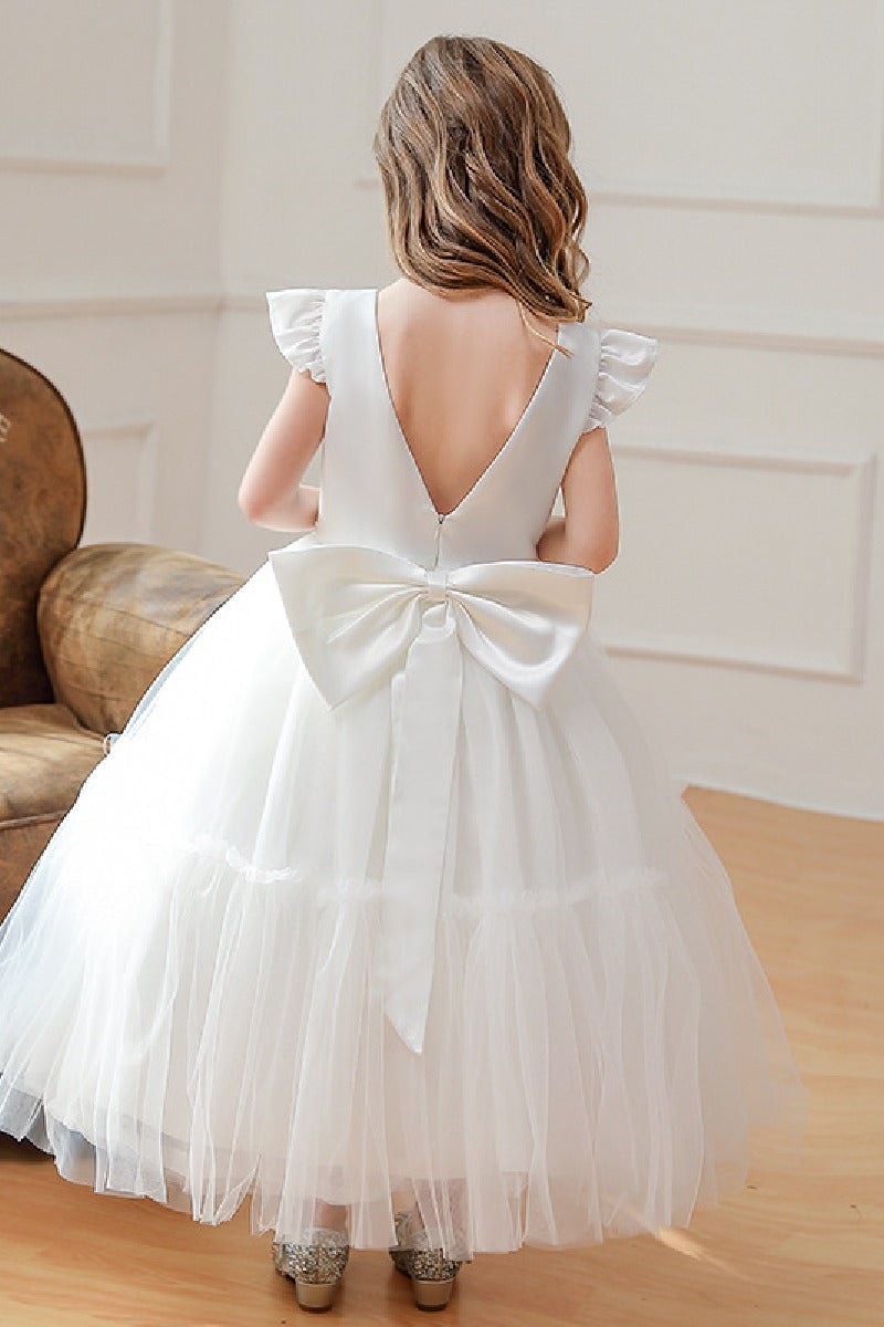 Ball-Gown Scoop Neck Satin/Tulle Flower Girl Dresses With Bow(s)/Beading 784695000859