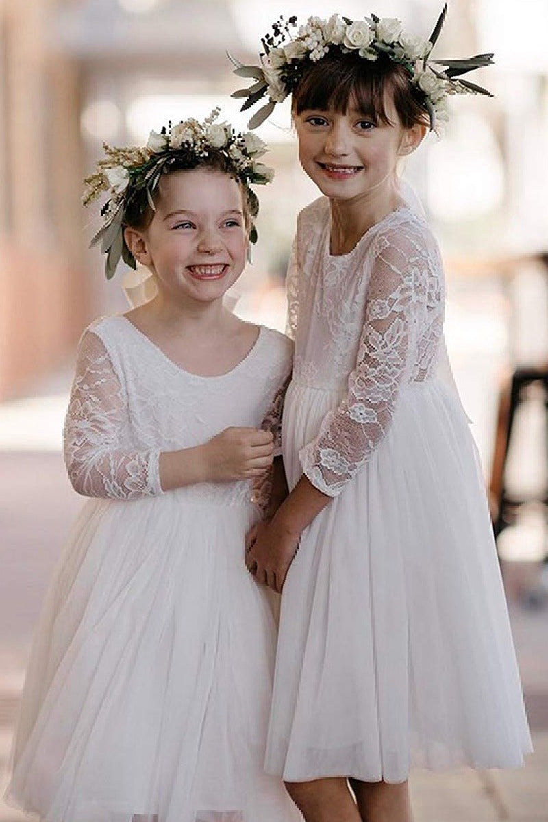 A-Line Scoop Neck Long Sleeve Lace/Tulle Flower Girl Dresses 727439275194