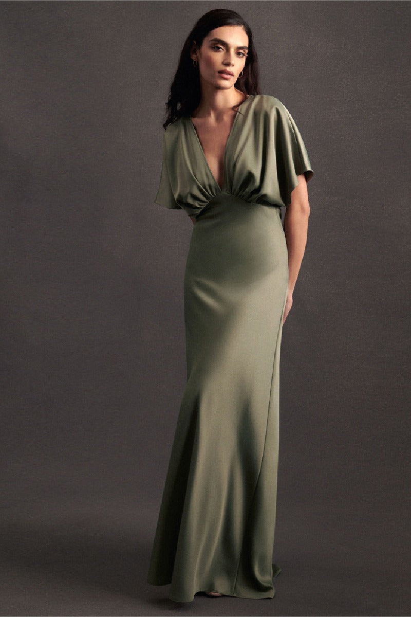 A-Line Maxi Stretch Satin Bridesmaid Dress 658382593437