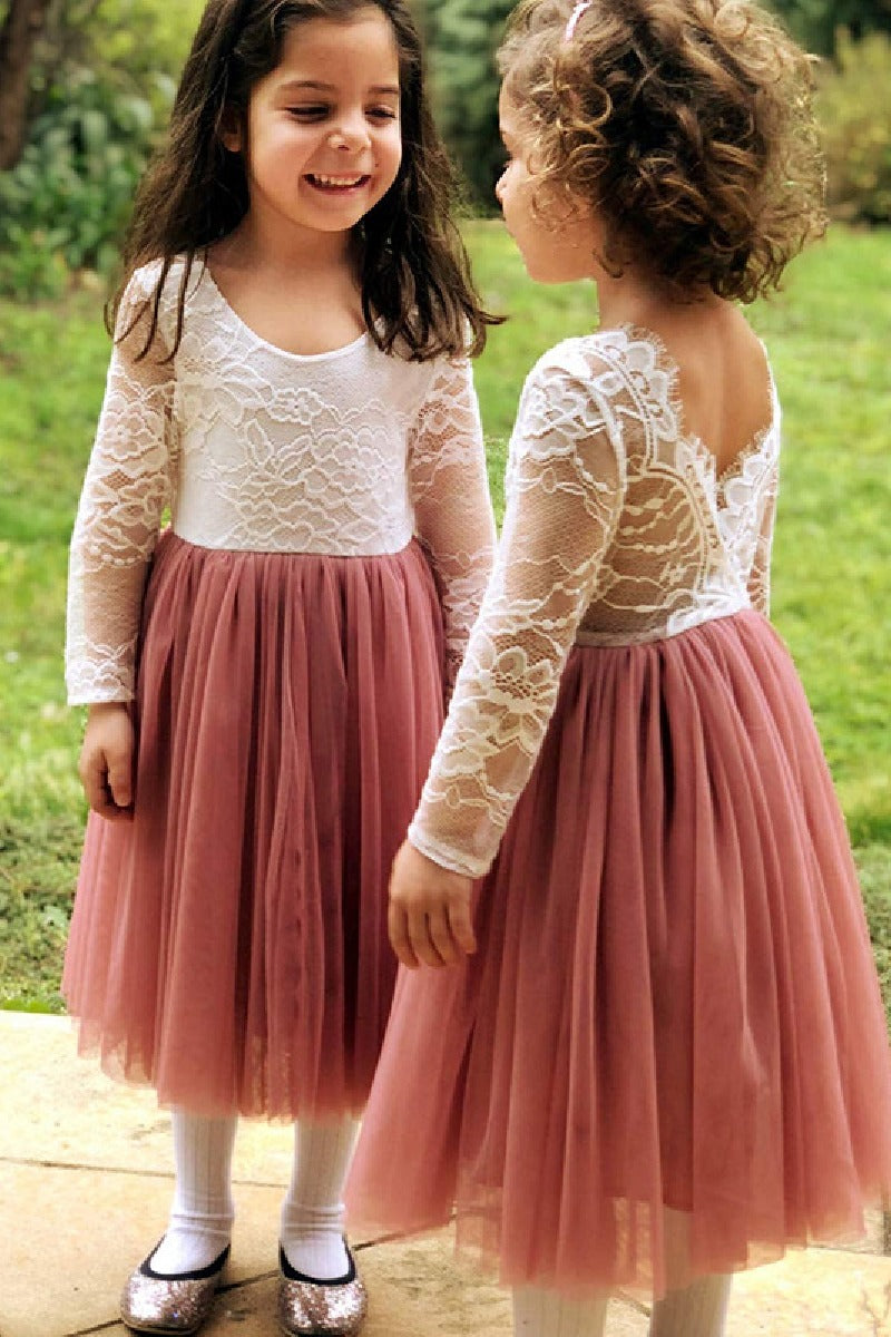 A-Line Scoop Neck Long Sleeve Lace/Tulle Flower Girl Dresses 727439275194