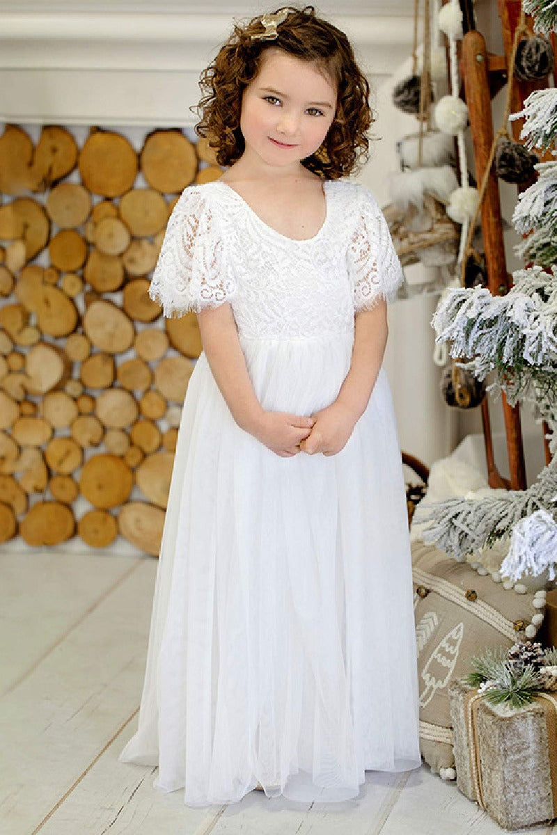 A-Line  Scoop Neck Short Sleeve Tulle Maxi  Flower Girl Dress 727468954365