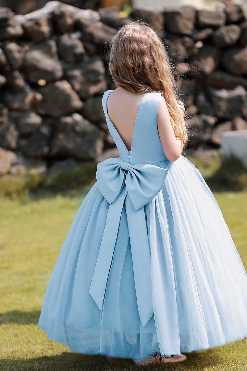 A-Line Scoop Neck Sleeveless Floor-Length Satin/Tulle Flower Girl Dresses With Bow(s)  744500696201