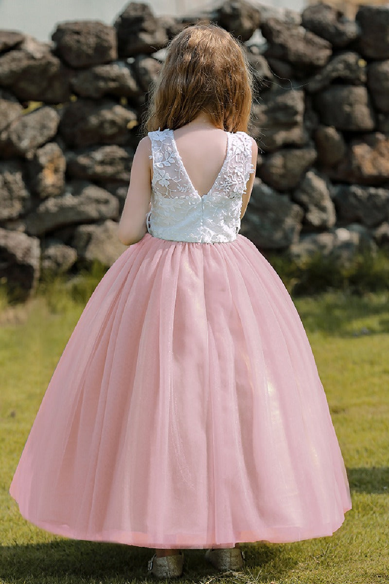 A-Line/Princess Illusion Neck Knee-Length Lace Tulle Flower Girl Dress 744728958346