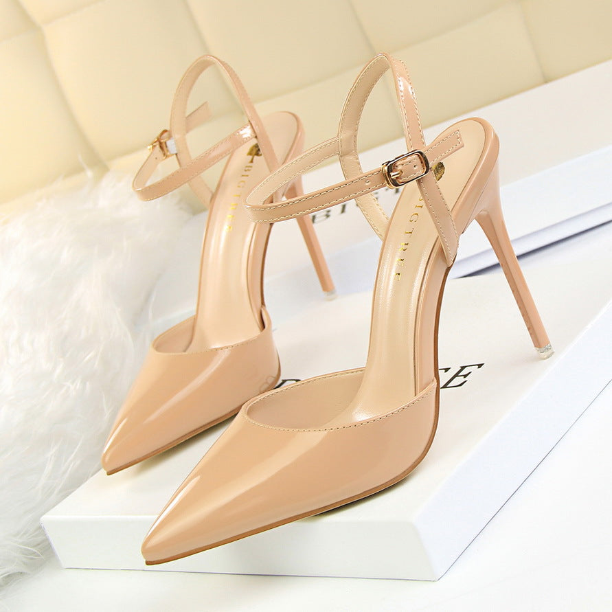 Simple slim heels super high heels shallow mouth pointed patent leather sexy line dress shoes  552220831213