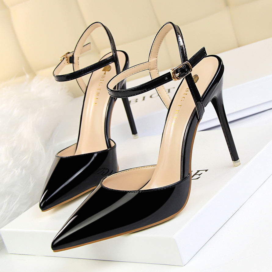 Simple slim heels super high heels shallow mouth pointed patent leather sexy line dress shoes  552220831213