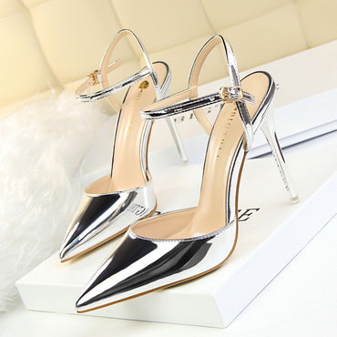 Simple slim heels super high heels shallow mouth pointed patent leather sexy line dress shoes  552220831213