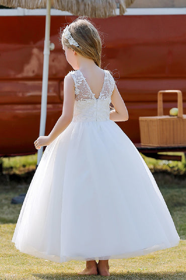 A-Line/Princess Illusion Neck Knee-Length Lace Tulle Flower Girl Dress 744728958346