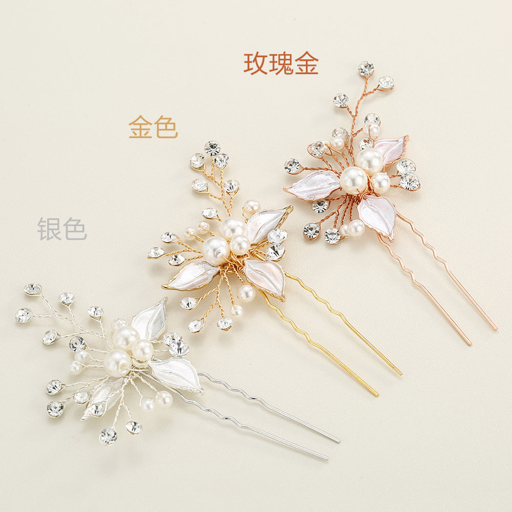 Bridal headwear Leaf hair pin Fashion wedding accessories Handmade pearl U-shaped hairpin  set of 3 524682360029