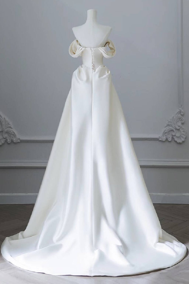 A-Line Sweep-Brush Train Satin Wedding Dress 827070473269