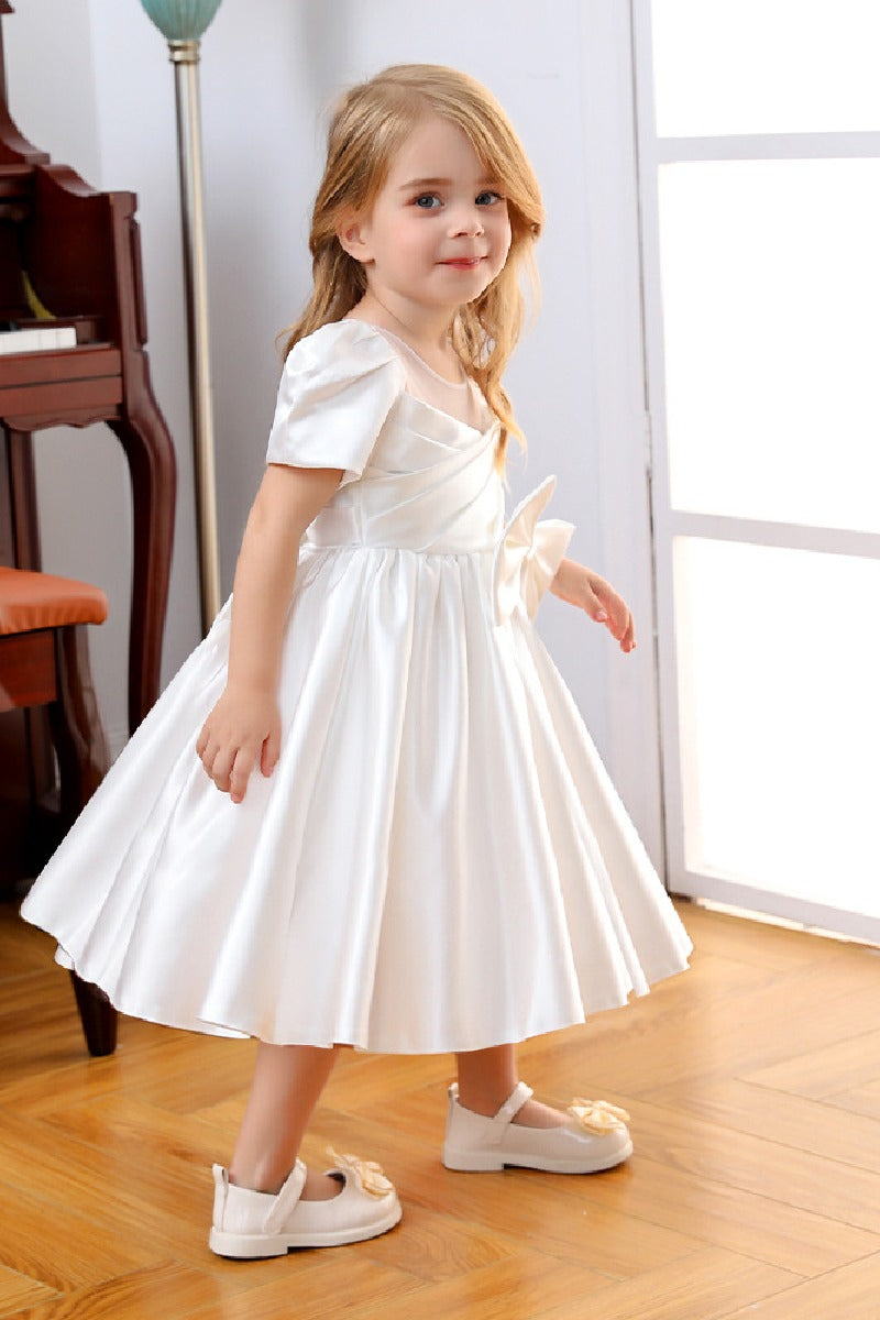 A-Line Illusion Neck Short Sleeves Satin Flower Girl Dresses With Bow(s)  669333816098