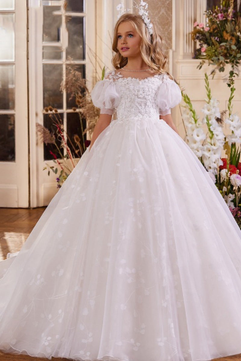 A-Line Illusion Neck Puff Sleeves Tulle Flower Girl Dresses With Bow(s) 808548412340