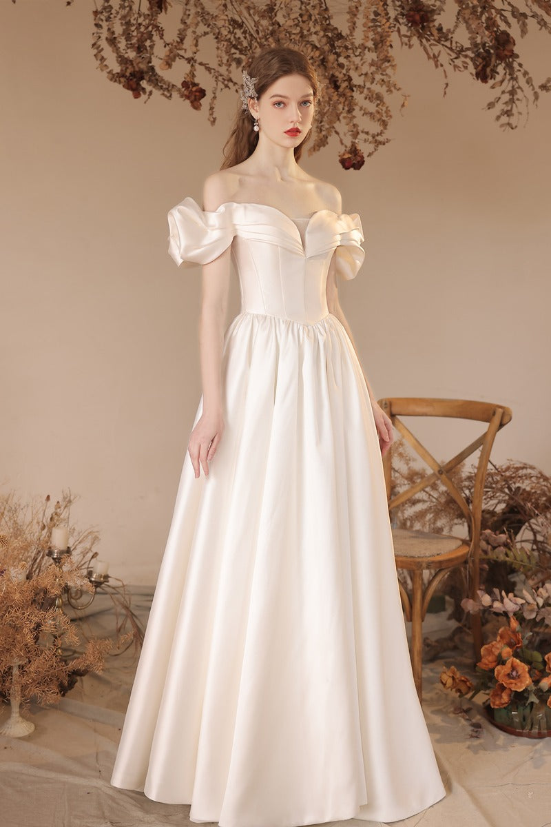 A-Line Floor Length Satin Wedding Dress 708336222057