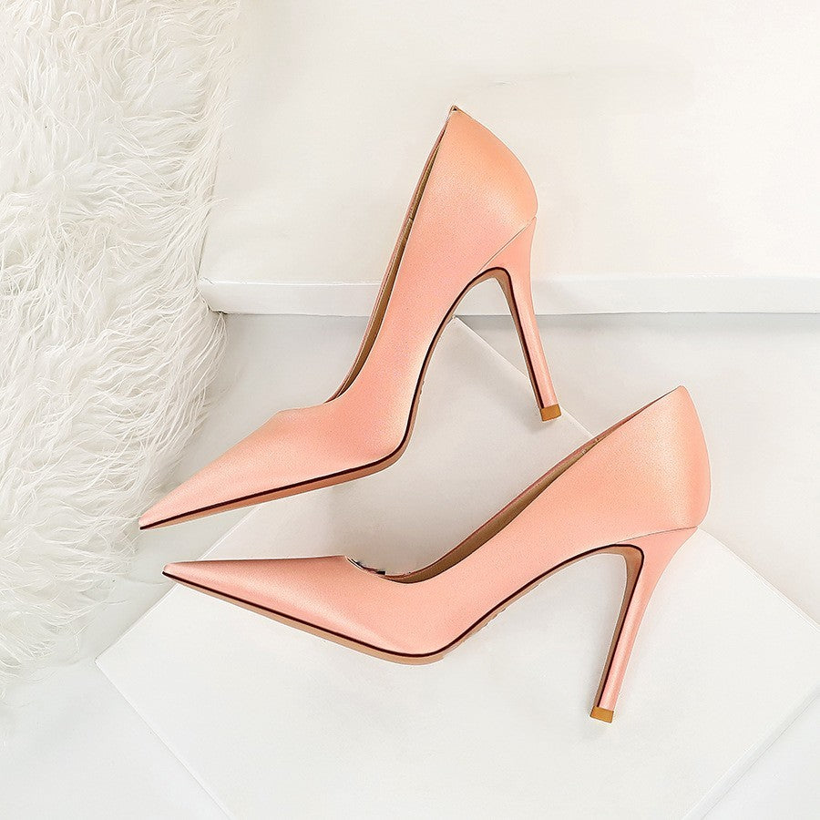 Stylish and simple super high heels slim heels shallow mouth pointed sexy slim satin dress shoes 664584349468