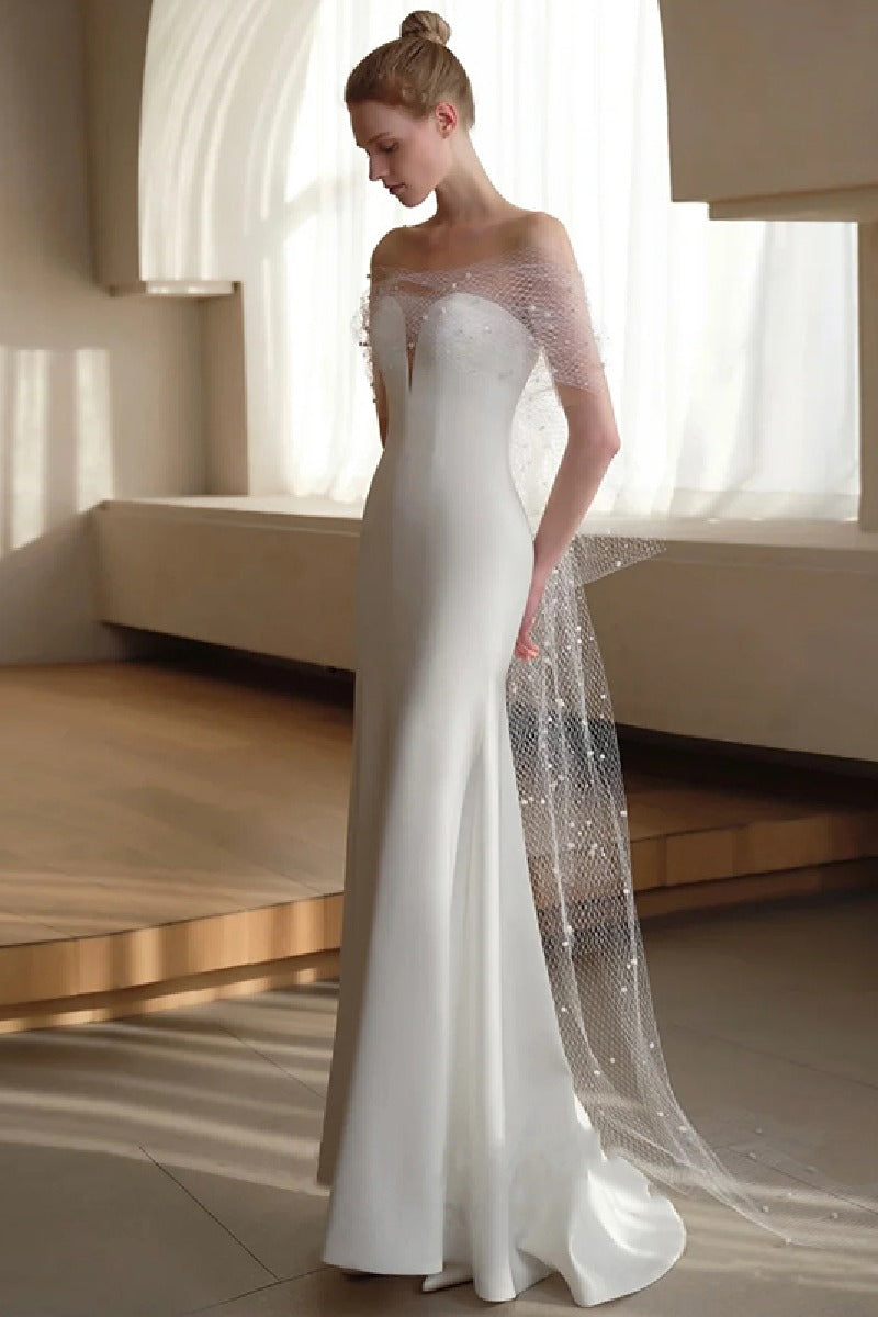 Sheath-Column Sweep-Brush Train Satin Wedding Dress 681142138334