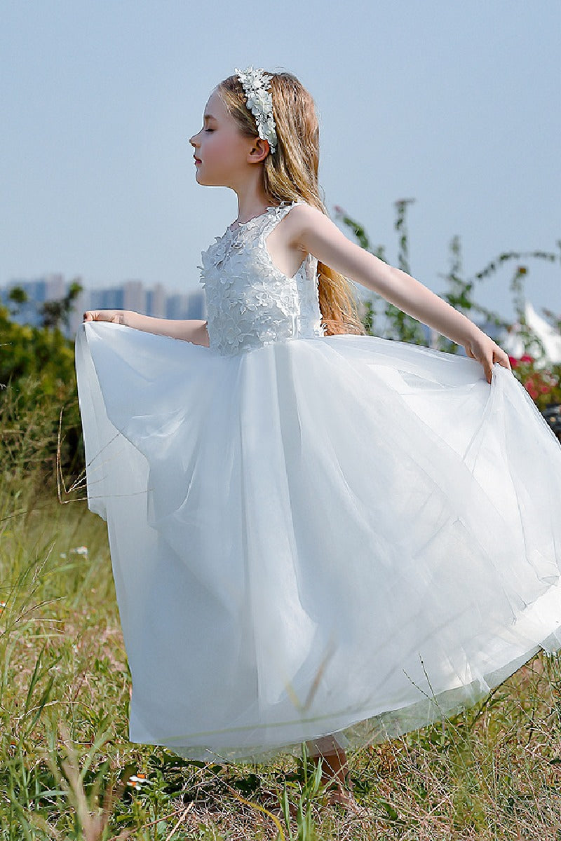 A-Line/Princess Illusion Neck Knee-Length Lace Tulle Flower Girl Dress 744728958346