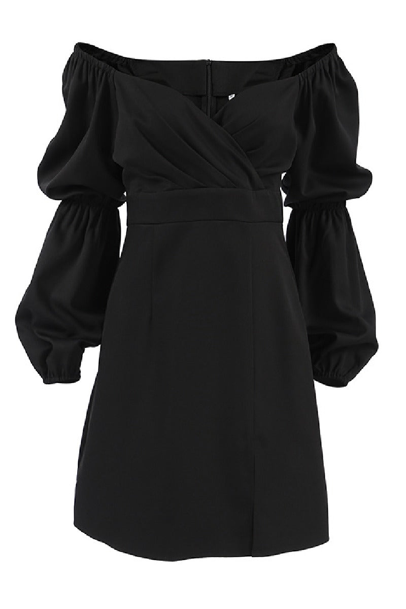 Black V-neck lantern sleeve waistline A-line little black cocktail dress 840281839688