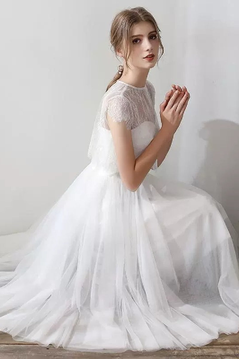 A-Line Tea Length Lace Tulle Wedding Dress 862471719437