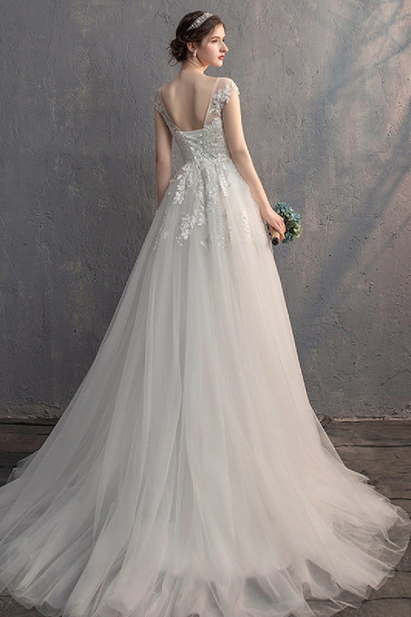 A-Line Sweep-Brush Train Lace Tulle Wedding Dress 774150163562