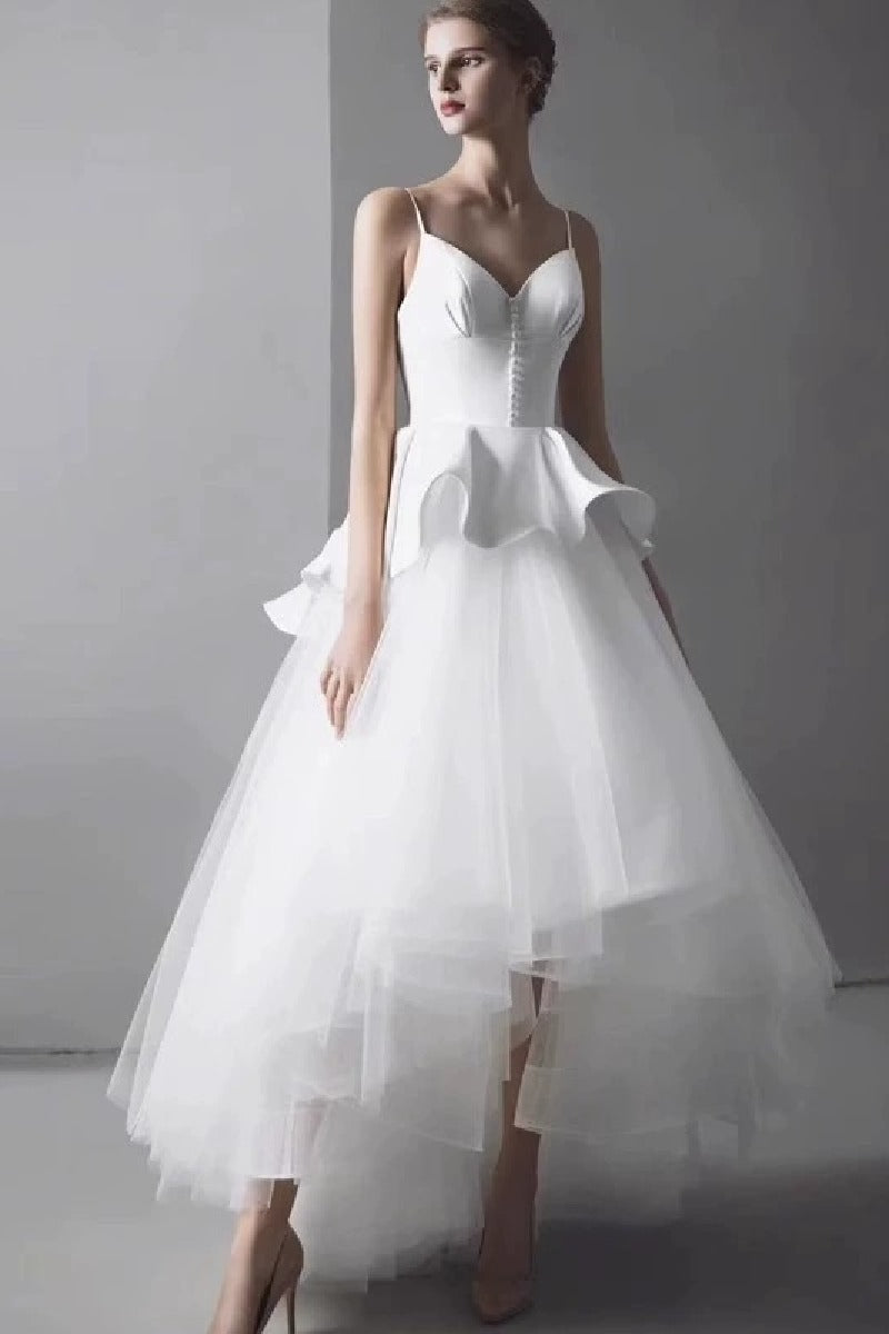 A-Line High-Low Satin Tulle Wedding Dress 864948248312