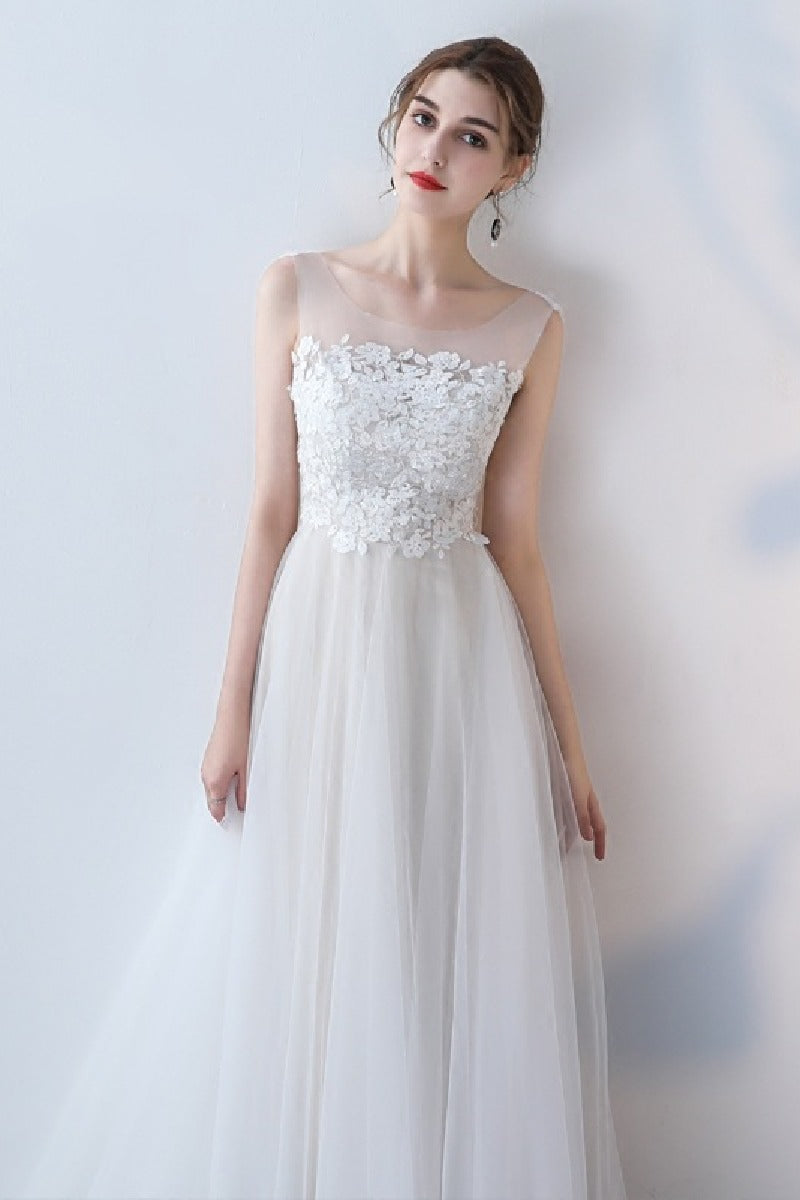 A-Line Sweep-Brush Train Lace Tulle Wedding Dress 623545078224