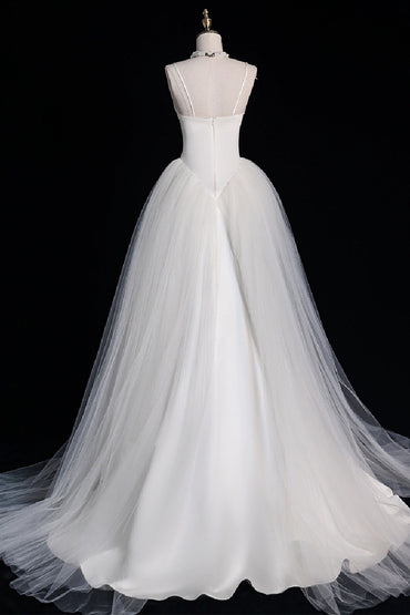 A-Line Sweep-Brush Train Satin Tulle Wedding Dress 735531201362