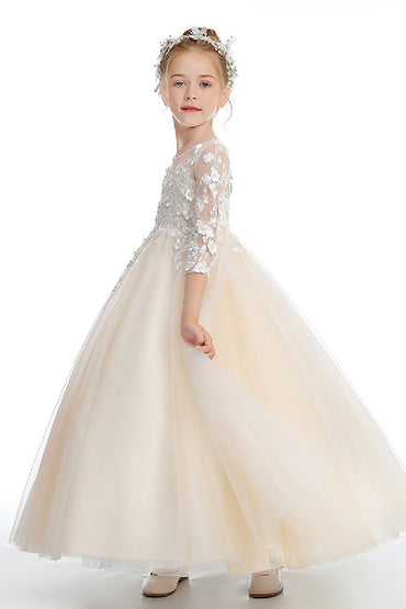 A-Line Lace Tulle Ankle-Length Flower Girl Dresses With Bow 760444365083