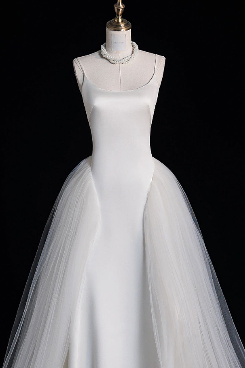 A-Line Sweep-Brush Train Satin Tulle Wedding Dress 735531201362