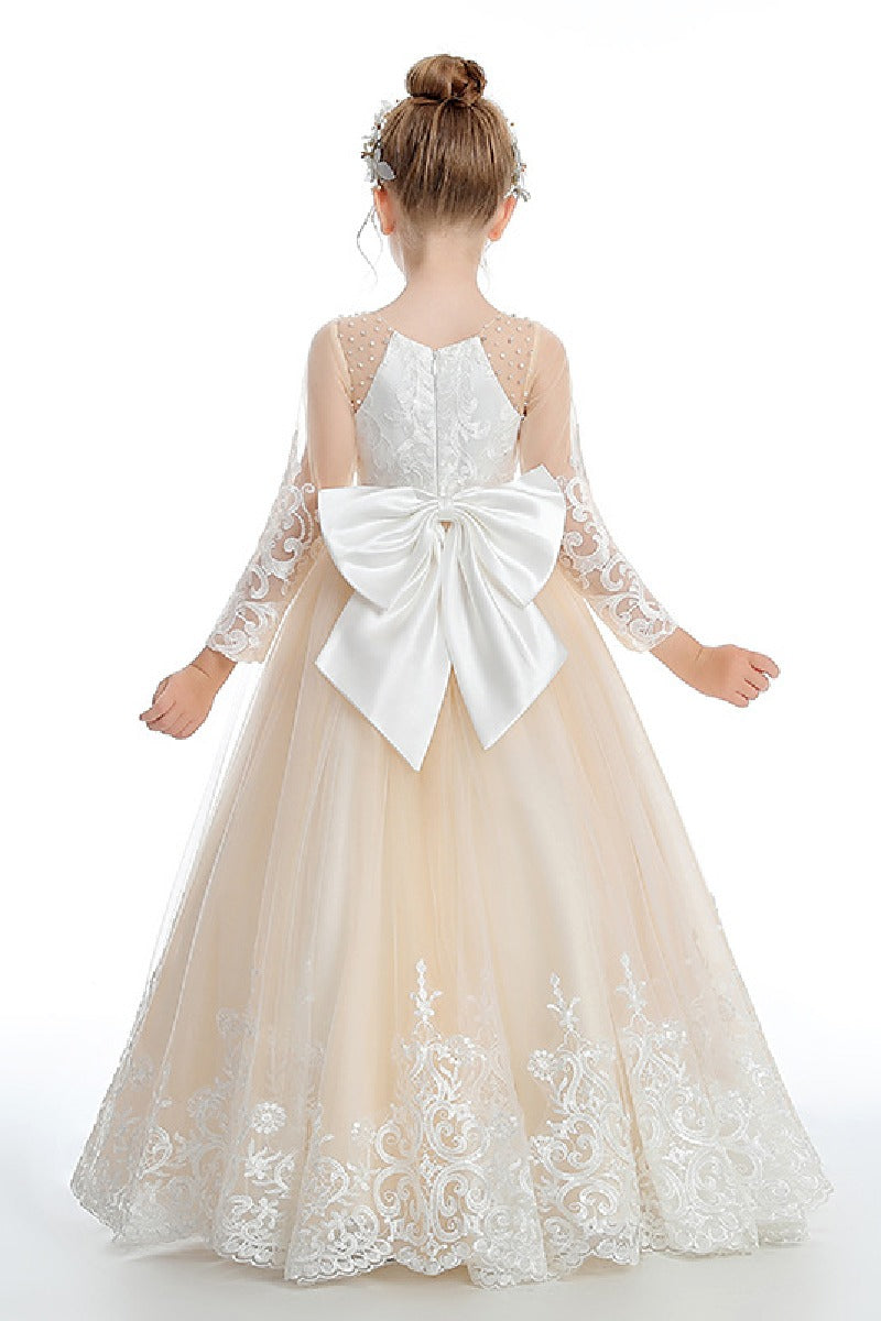 Ball-Gown/Princess Lace Tulle Sweep Floor Length Flower Girl Dresses Pageant Dresses With Bow 760441981255