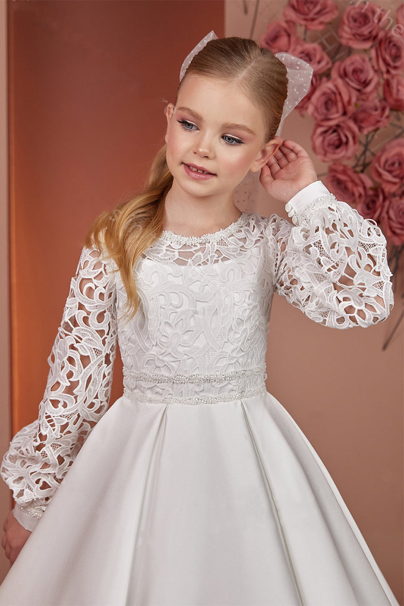 A-Line Scoop Neck Long Sleeve Satin Sweep-Brush Train Flower Girl Dresses With Lace 738781084079